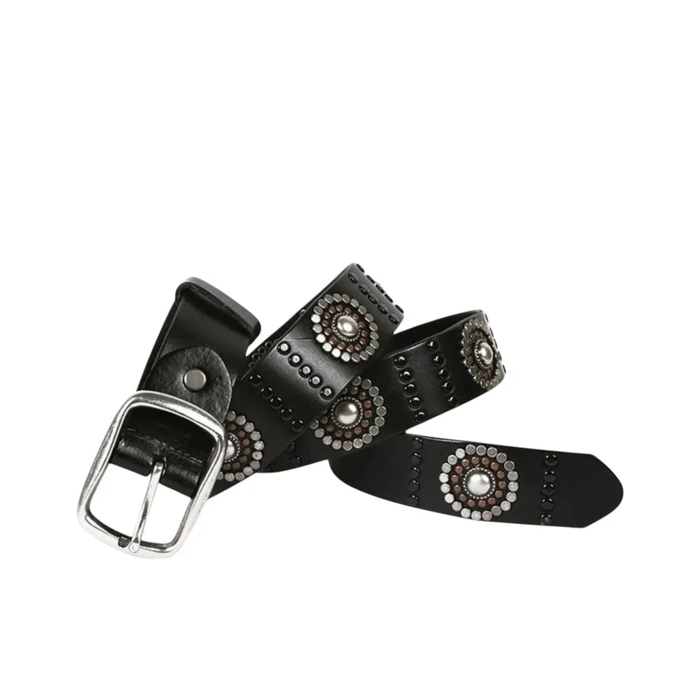Genuine Leather Studded Western Boho Belt Black Silver Copper Accents 6283 ML